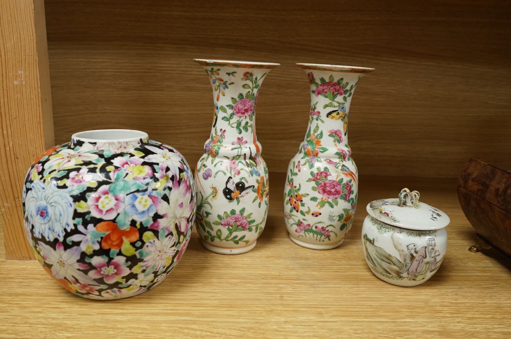 A Chinese 'Thousand Flower' jar, two famille rose vases, and a Republic period jar and cover, largest 19cm high